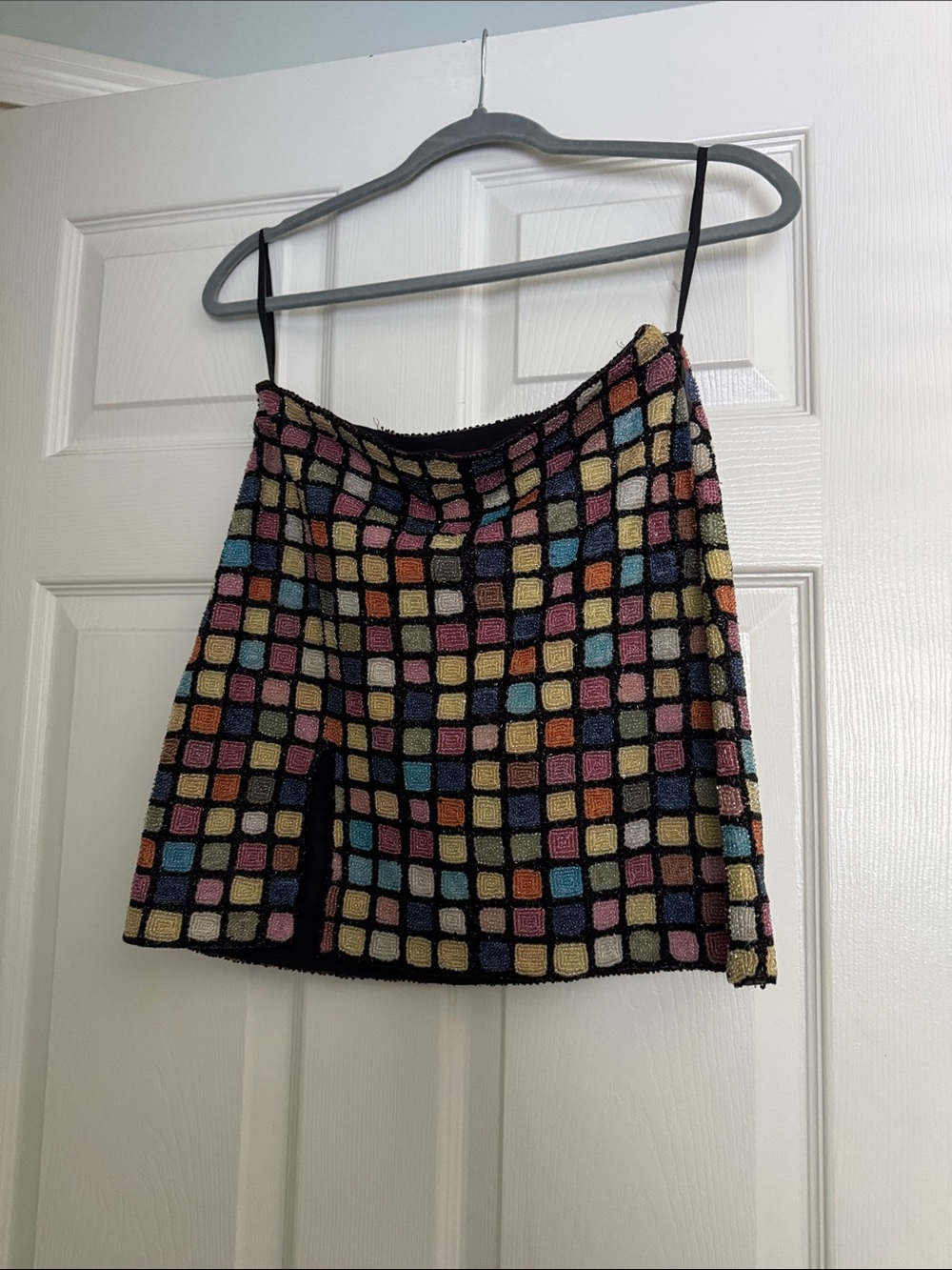 STAUD Black Mosaic Crochet Mini Skirt with Pastel Squares
